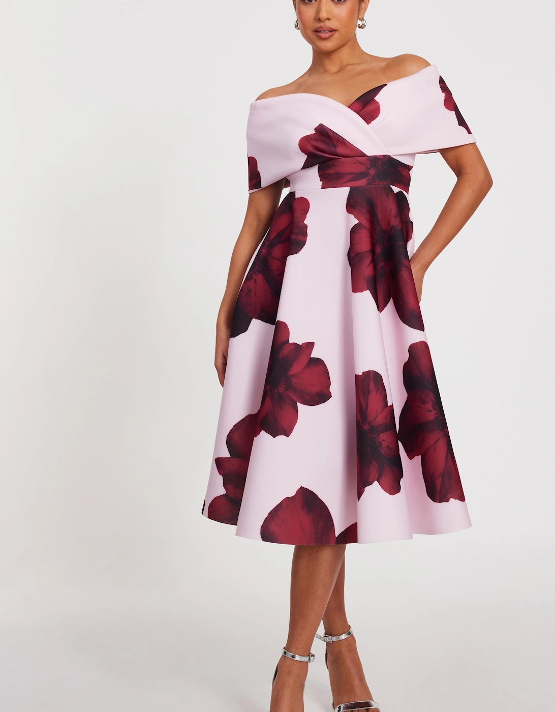 Pale Pink Petite Bardot Floral Skater Dress, 2 of 1