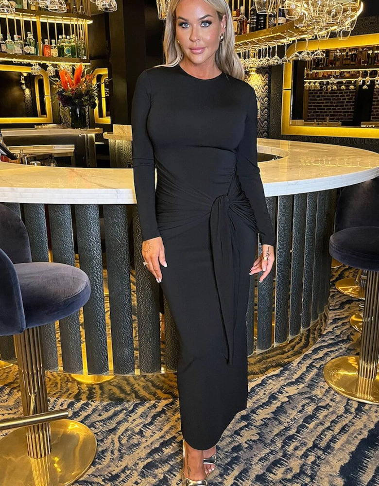 Black Long Sleeve Sash Bodycon Midi Dress