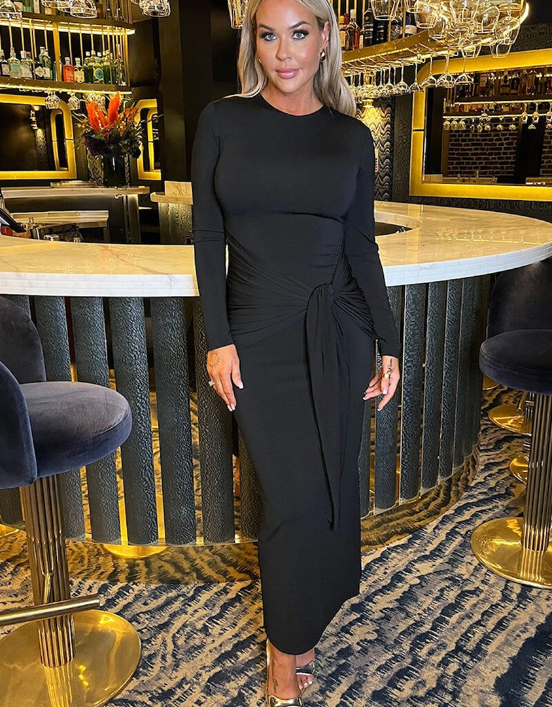Black Long Sleeve Sash Bodycon Midi Dress, 2 of 1
