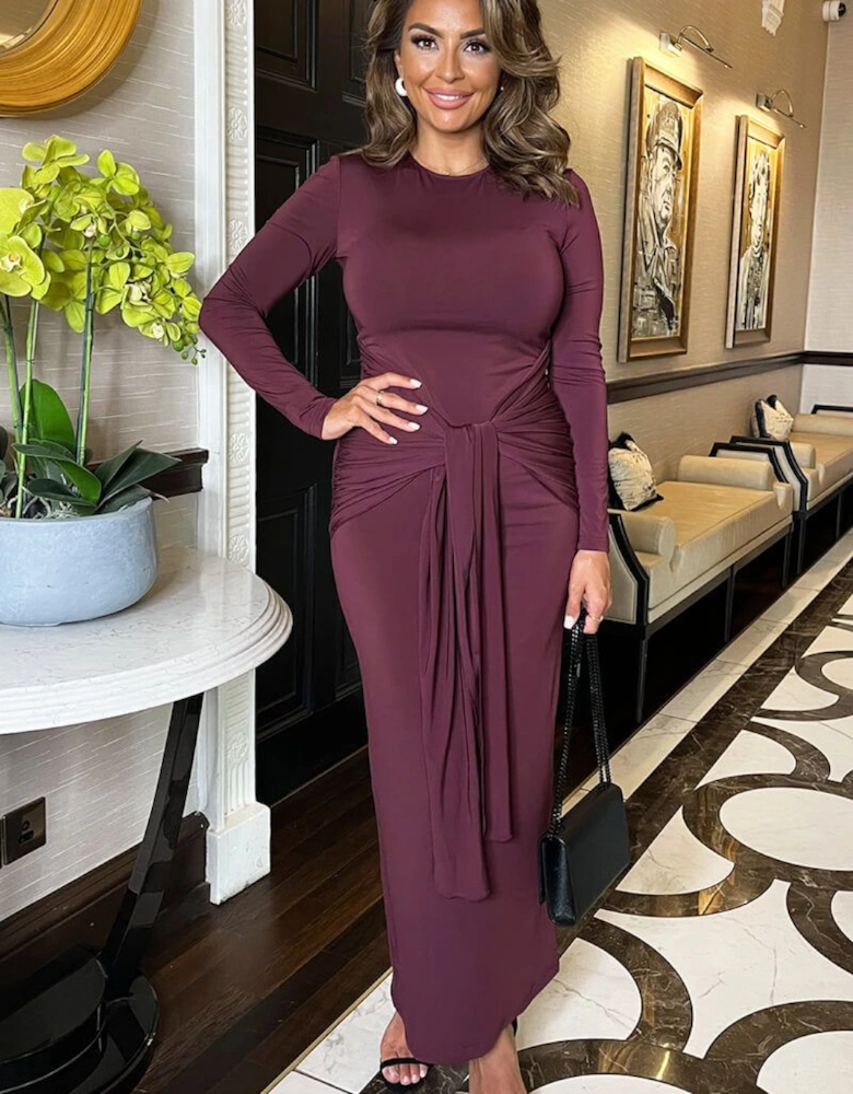 Plum Long Sleeve Sash Bodycon Midi Dress