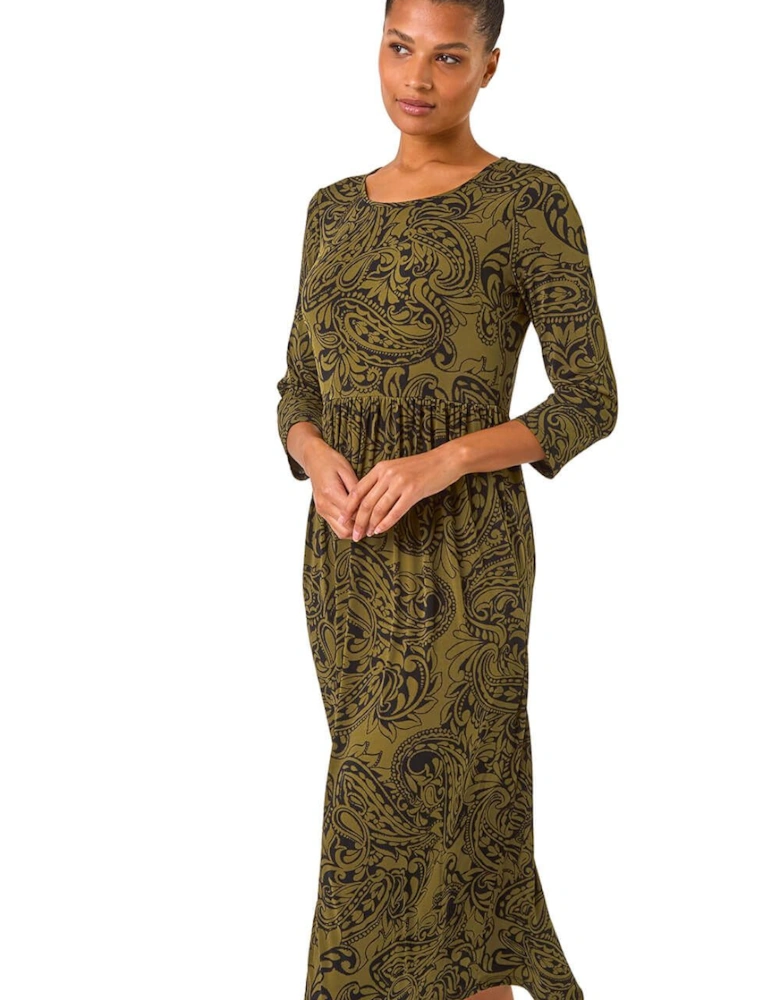 Paisley Print Gathered Stretch Midi Dress
