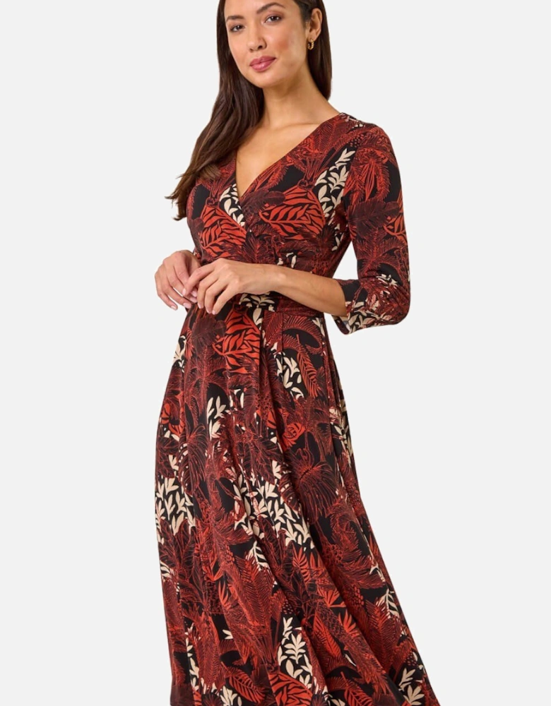 Leaf Print Wrap Midi Stretch Dress