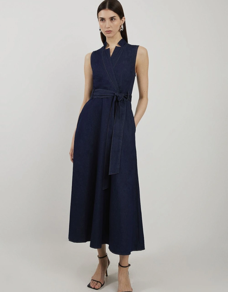 Petite Denim Tailored Notch Neck Belted Fluid Midi Dress