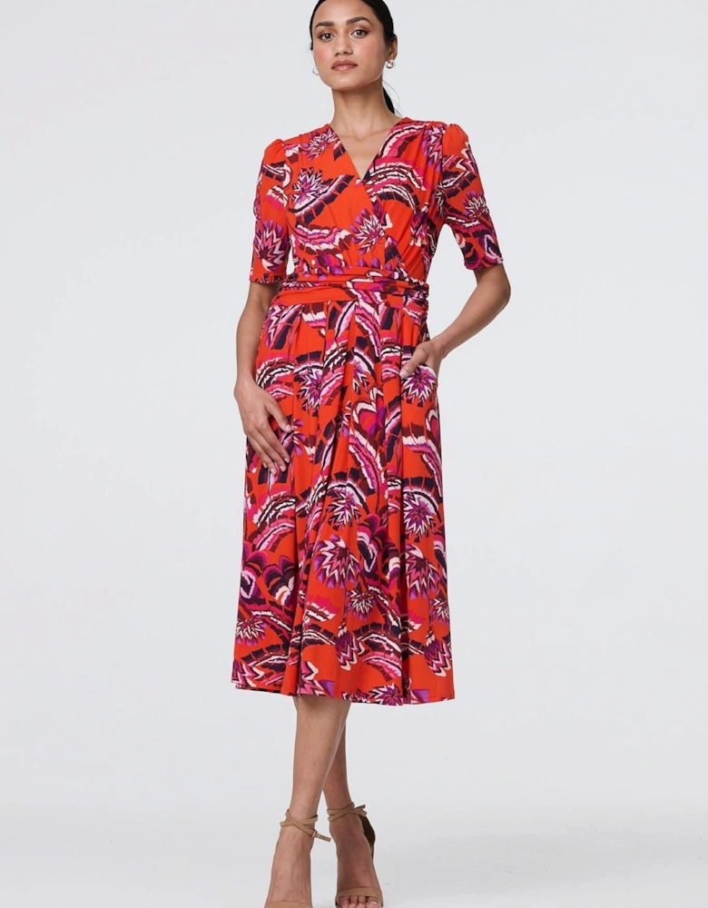 Tropical Print Faux Wrap Midi Dress