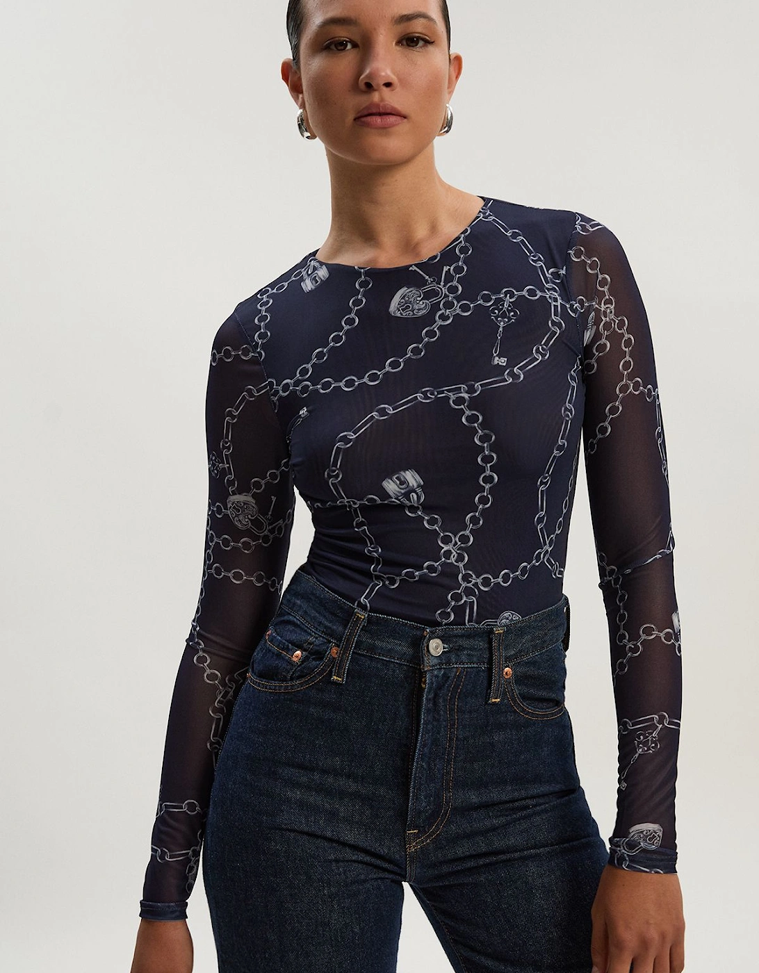 Petite Long Sleeved Chain Print Mesh Bodysuit, 2 of 1