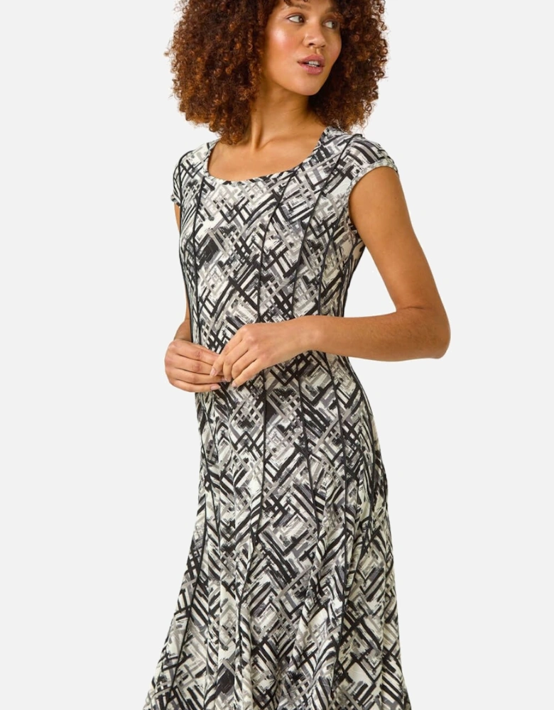 Cross Hatch Print Stretch Midi Dress
