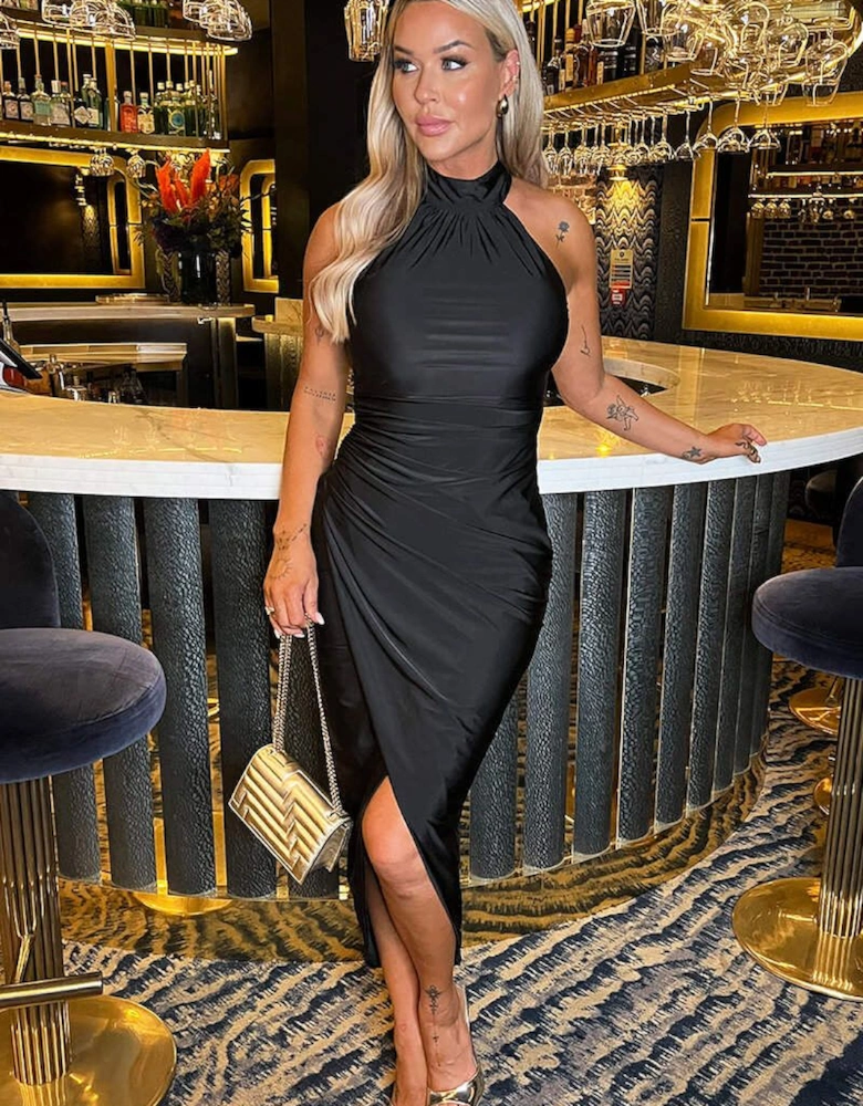 Black Halter Neck Draped Wrap Skirt Midi Dress