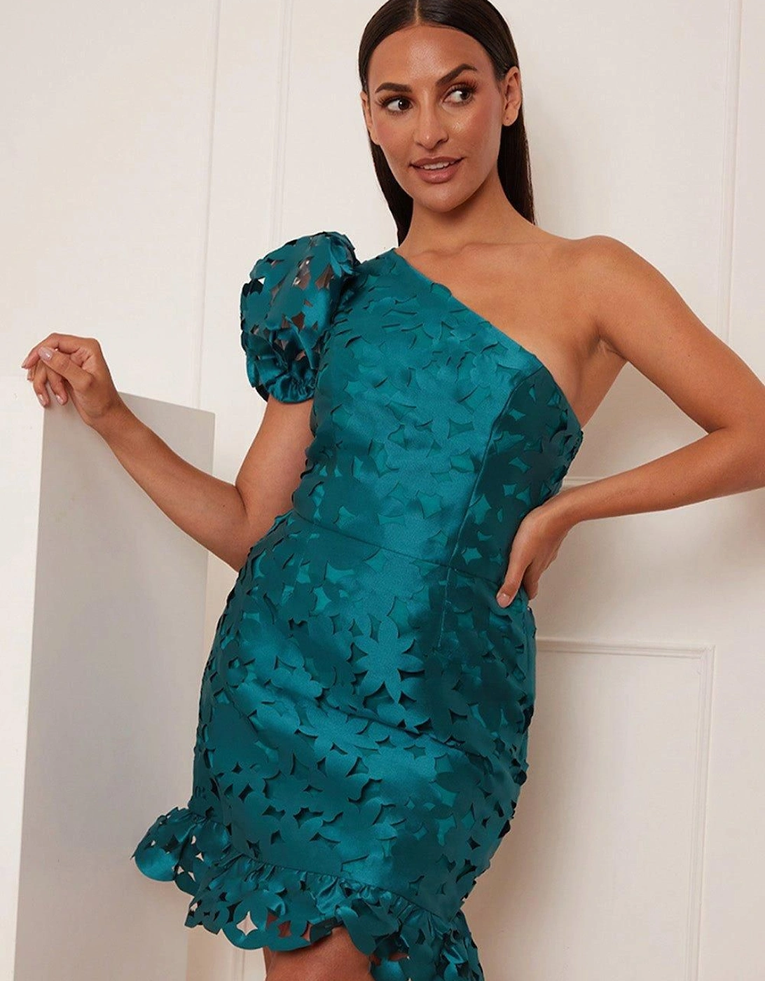 One-Shoulder Puff Sleeve Crochet Mini Dress, 2 of 1