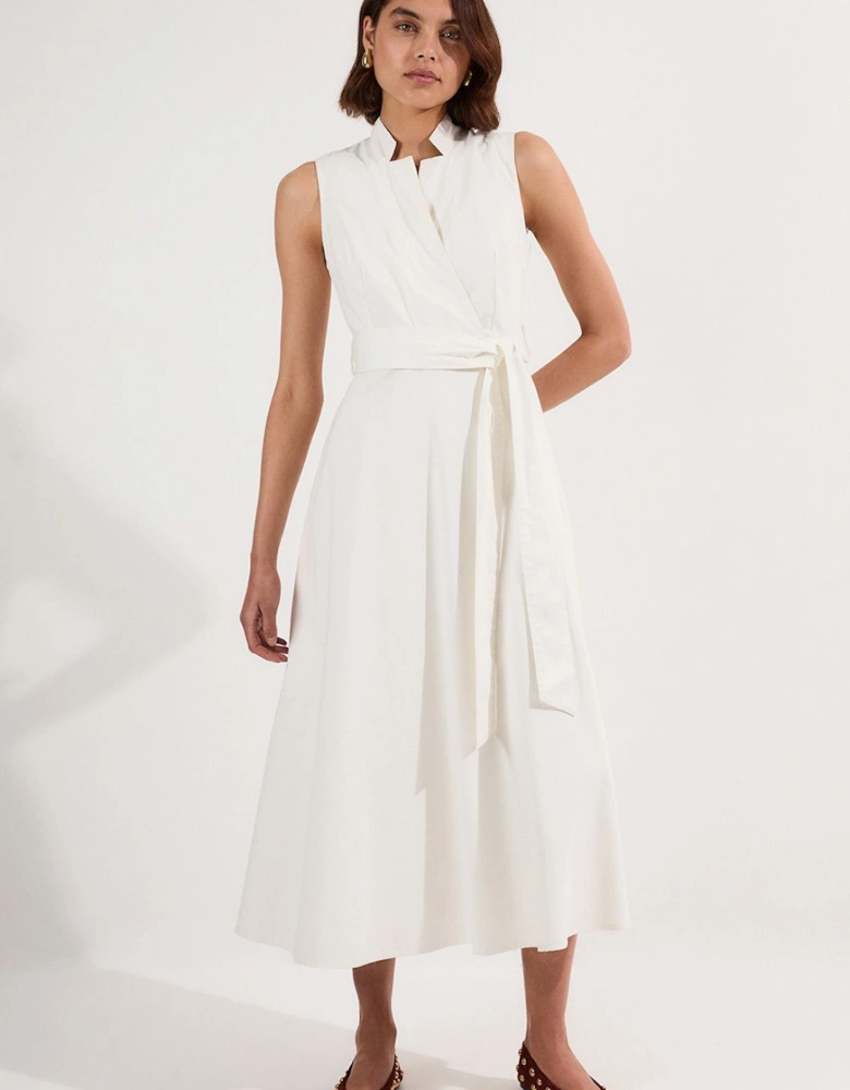 Petite Denim Tailored Notch Neck Belted Fluid Midi Dress