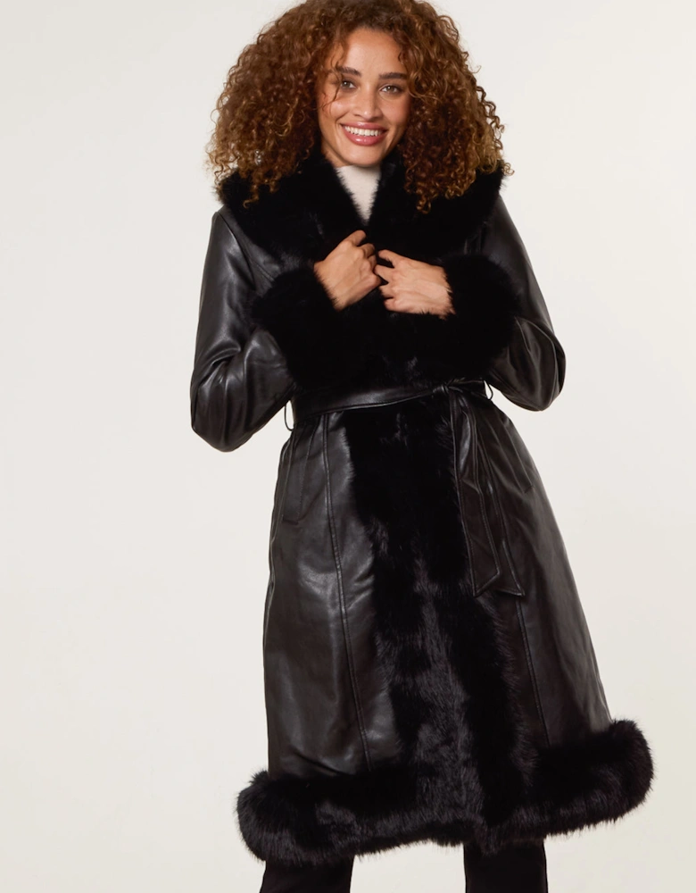 Black Faux Fur Trim Midi Coat