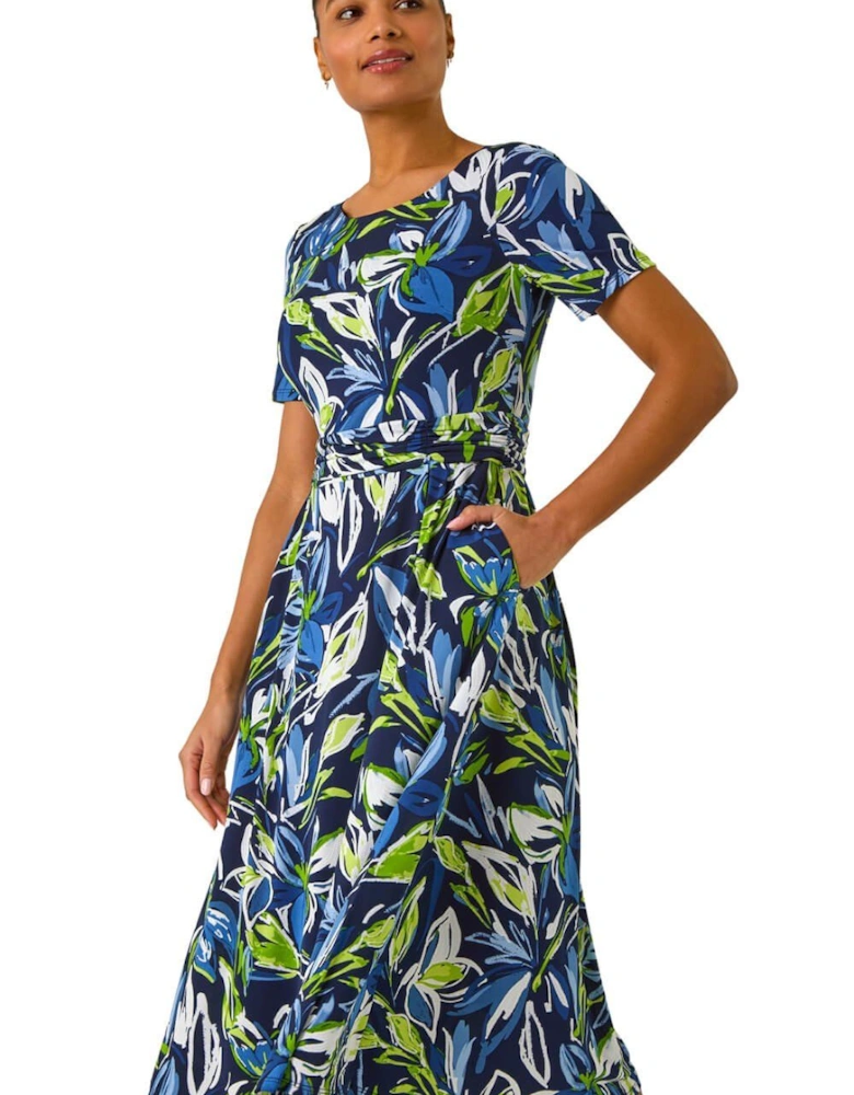 Leaf Print Gathered Midi Dress