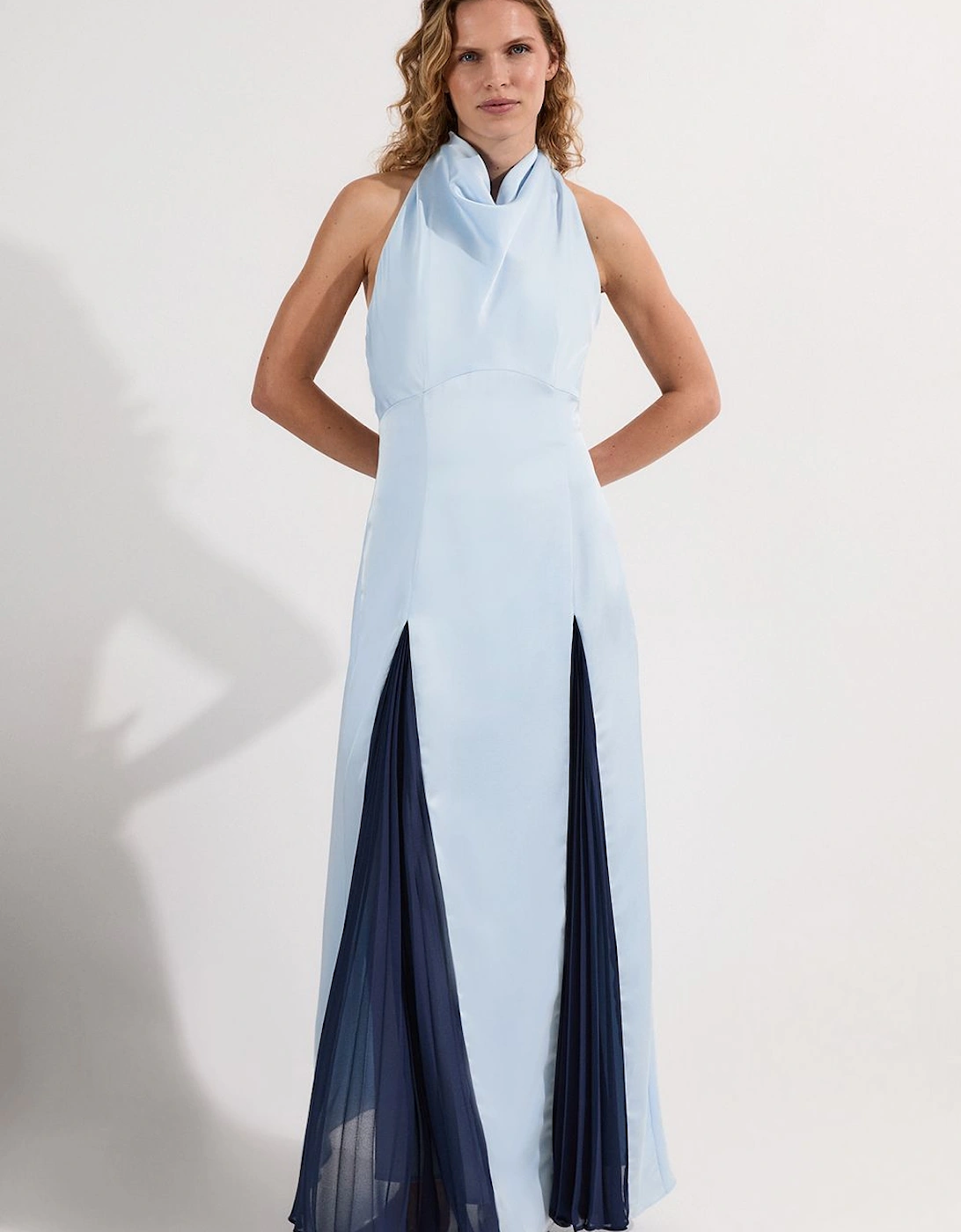 Drama Halter Pleat Insert Woven Satin Maxi Dress, 2 of 1