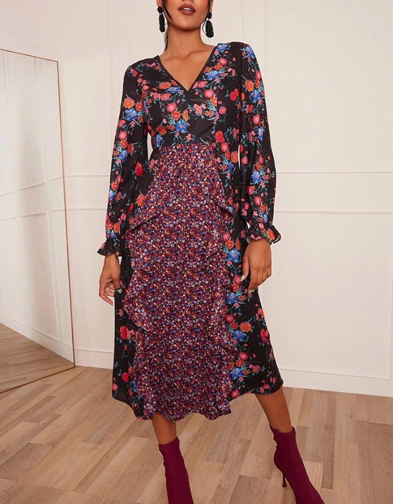 Long Sleeve Plunge Floral Printed Midi Dress