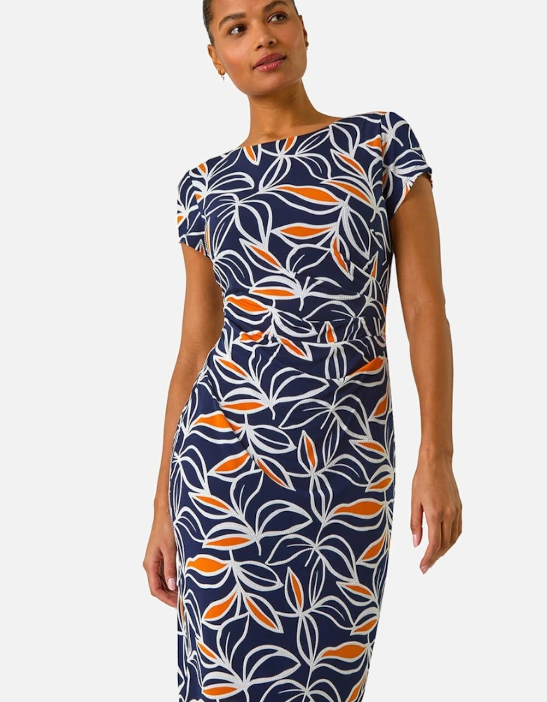 Leaf Print Puff Stretch Midi Dress