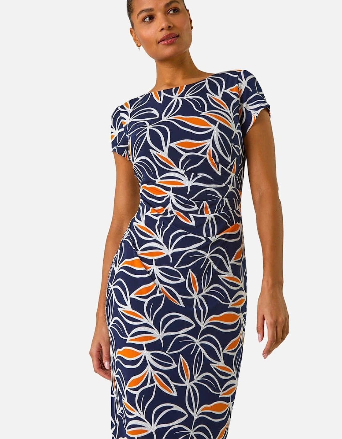 Leaf Print Puff Stretch Midi Dress, 2 of 1