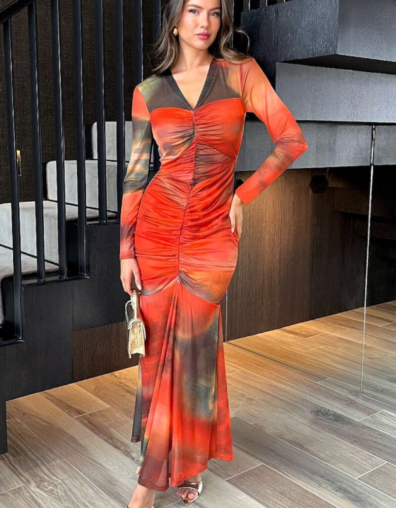 Orange Ombre Mesh Contrast Ruched Front Bodycon Midi Dress