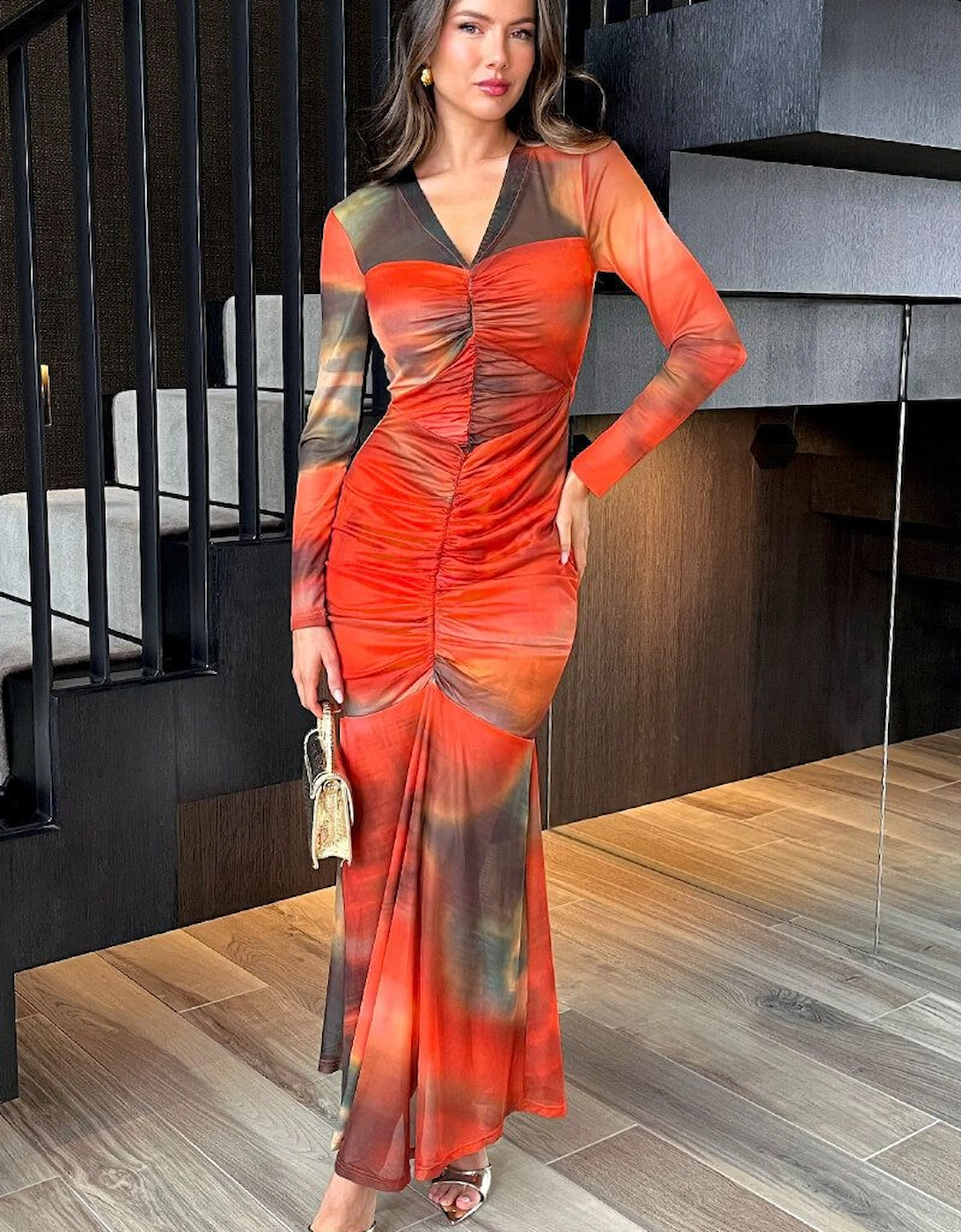 Orange Ombre Mesh Contrast Ruched Front Bodycon Midi Dress, 2 of 1