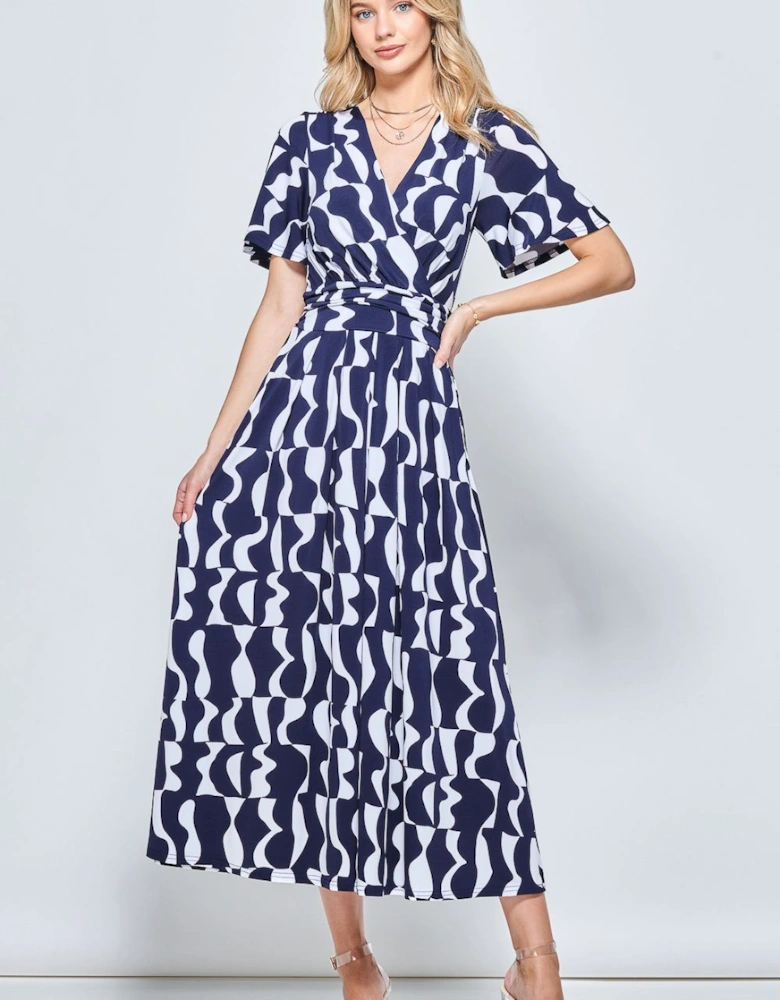 Print Angel Sleeve Jersey Maxi Dress