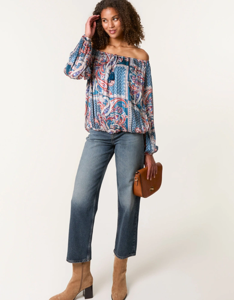 Teal Paisley Printed Bardot Puff Ball Blouse