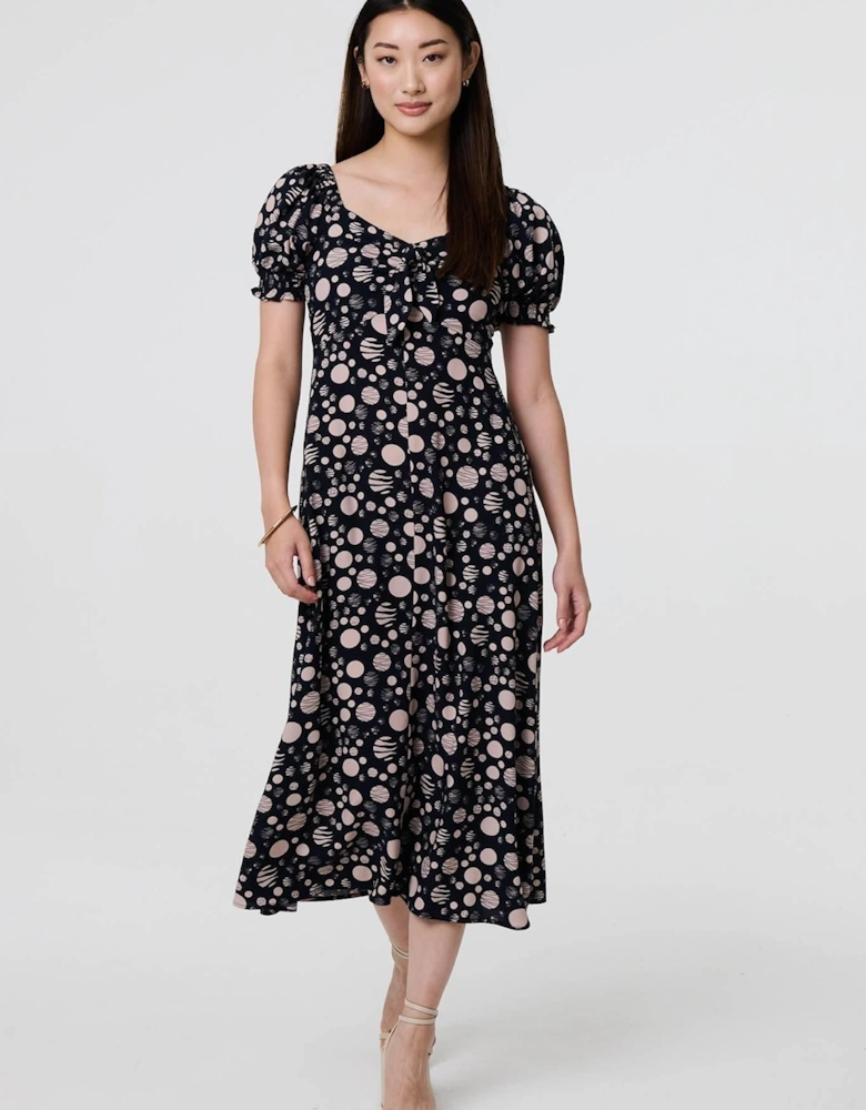 Polka Dot Print Tie Neck Midi Dress