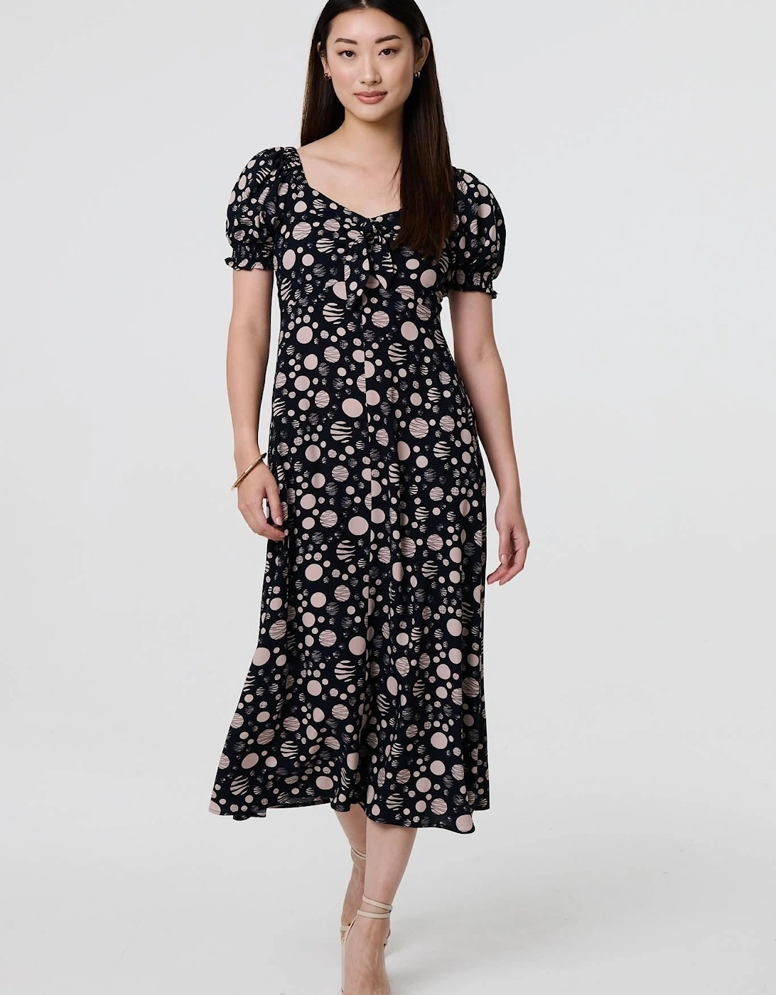 Polka Dot Print Tie Neck Midi Dress, 2 of 1