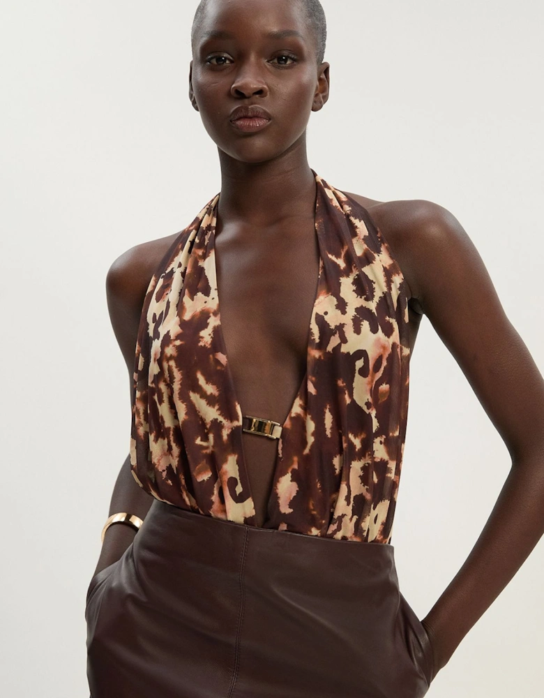 Petite Leopard Print Plunge Halter Neck Trim Detail Mesh Bodysuit
