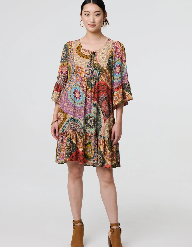 Kaleidoscope Print 3/4 Sleeve Short Dress
