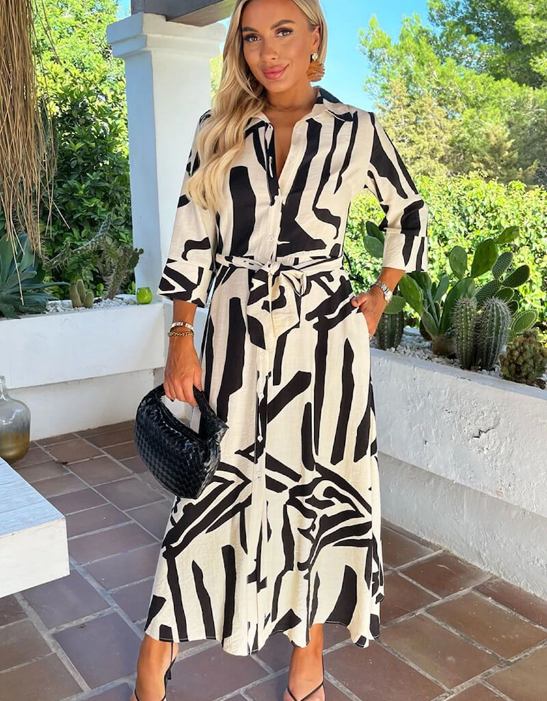 Black And Cream Abstract Print 3/4 Sleeve Shirt Midi Dress, 2 of 1