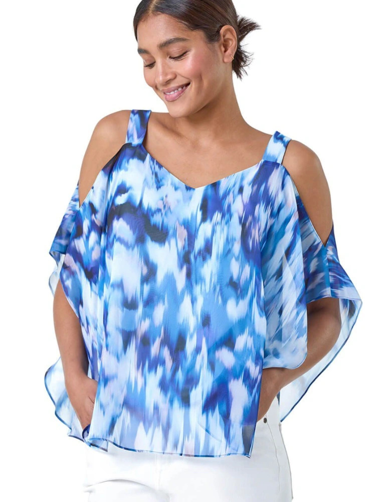 Abstract V-Neck Cold Shoulder Overlay Top
