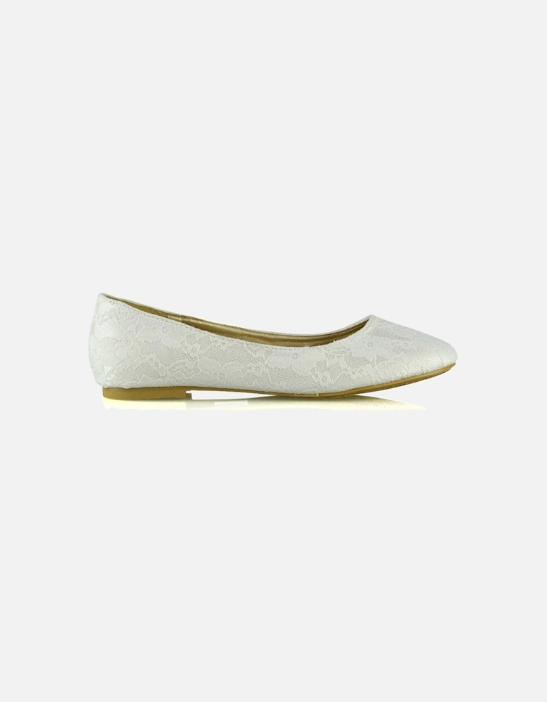 'Keva' Round Toe Lace Detail Slip on Wedding Flats Ballerina Bridal Pumps