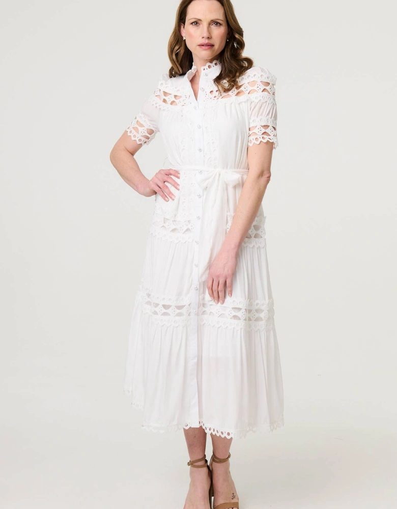 Lace Cut Out Detail Tie Waist Midi Dress