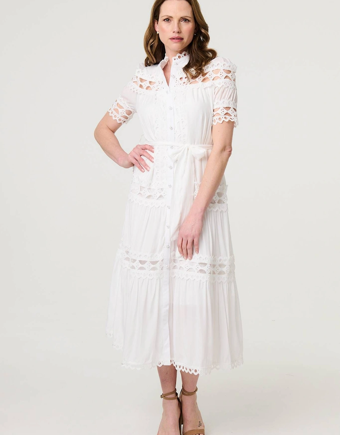 Lace Cut Out Detail Tie Waist Midi Dress, 2 of 1