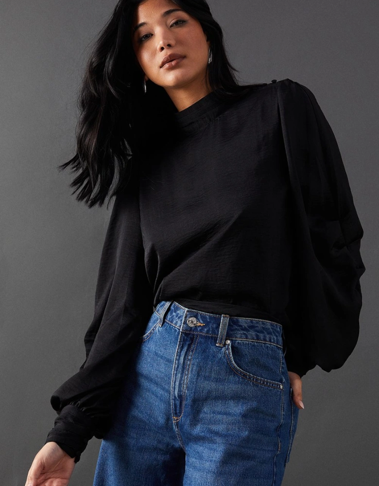 Premium Satin High Neck Pleat Detail Blouse