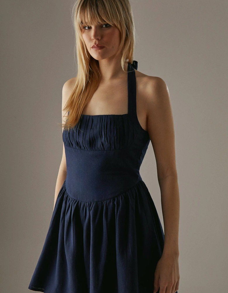 Premium Linen Blend Pintuck Halter Babydoll Playsuit