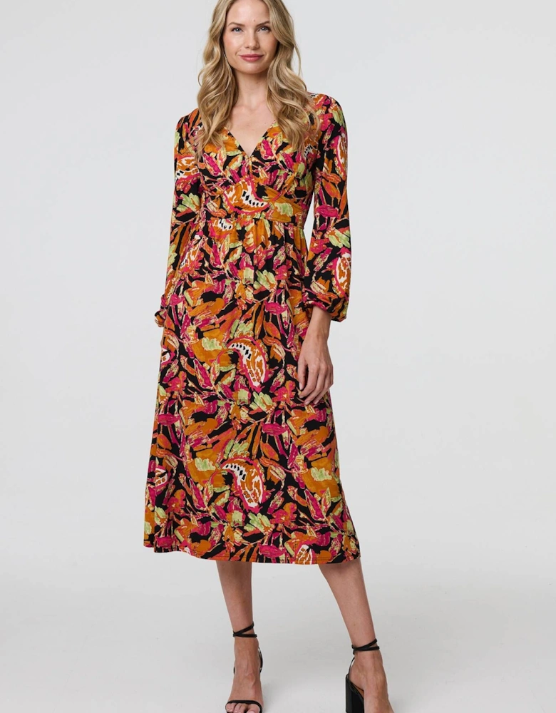 Tropical Floral Print Long Sleeve Midi Dress