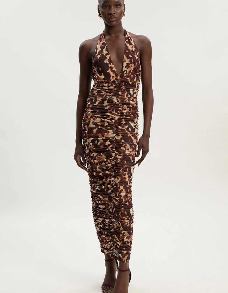 Leopard Print Plunge Halter Neck Mesh Midi Dress