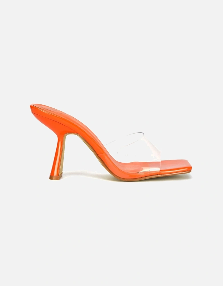 'Lacie' Square Toe Thin Block High Heel Mule Sandals With Perspex Strap