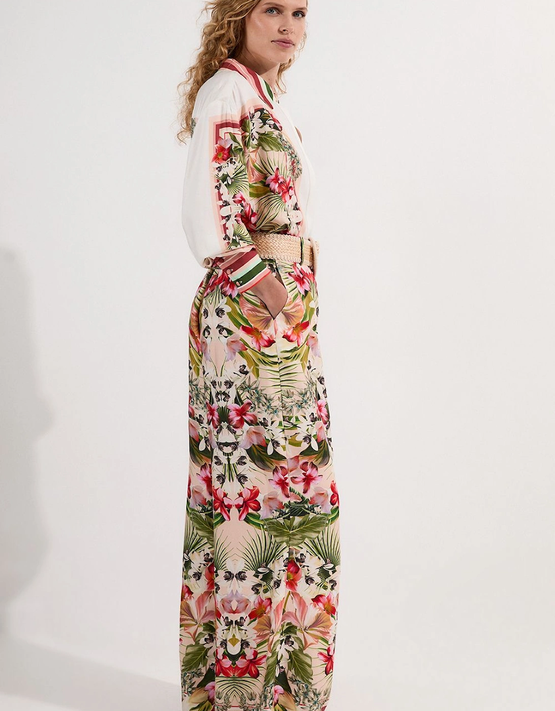Petite Mirrored Viscose Linen Floral Print With Raffia Belt Woven Trouser, 2 of 1