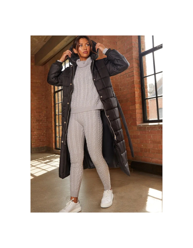 Check Padded Longline Belted Coat in Black