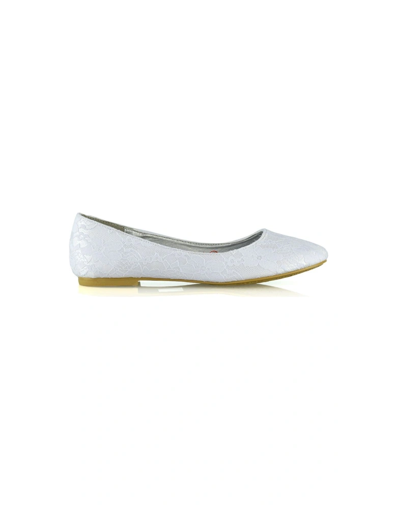 'Keva' Round Toe Lace Detail Slip on Wedding Flats Ballerina Bridal Pumps