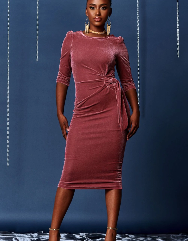 3/4 Sleeve Tie Detail Velvet Midi Dress