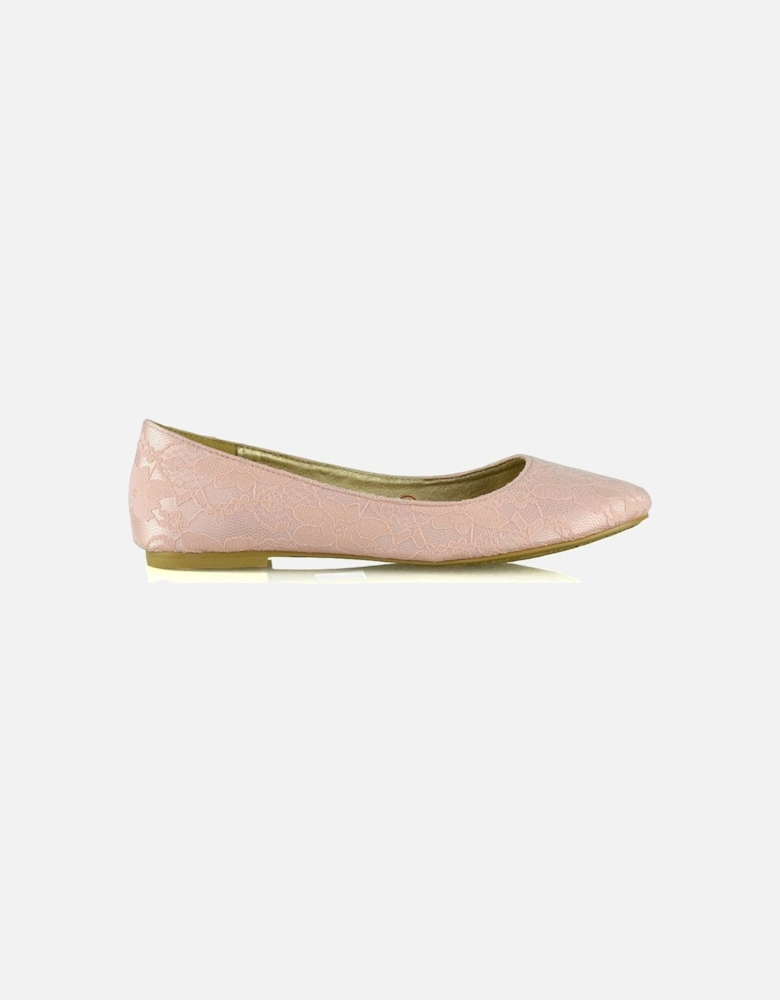'Keva' Round Toe Lace Detail Slip on Wedding Flats Ballerina Bridal Pumps
