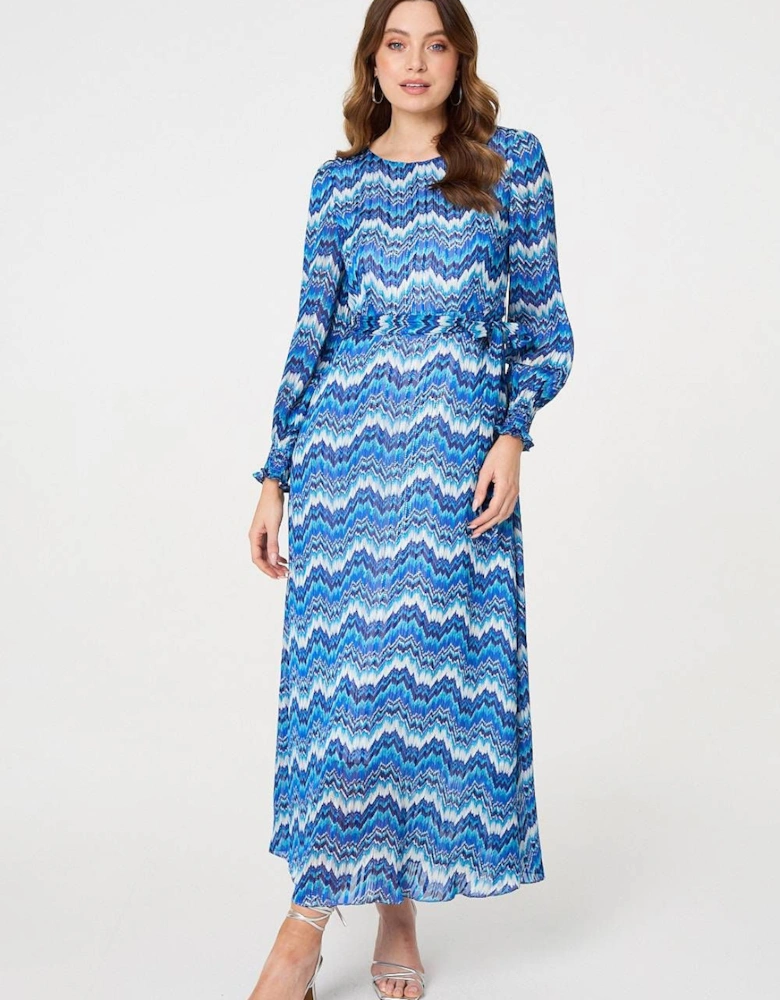 Printed Long Sleeve Tie Waist Dress