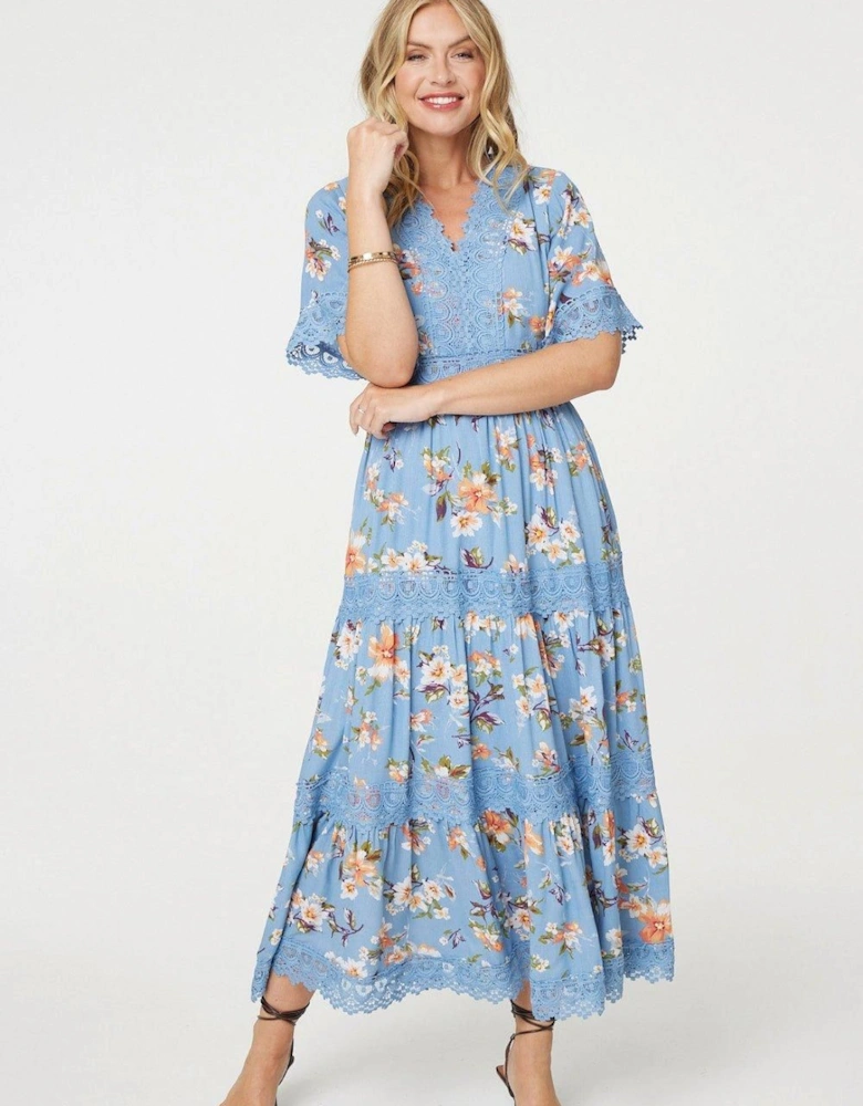 Floral Lace Trim Tiered Maxi Dress