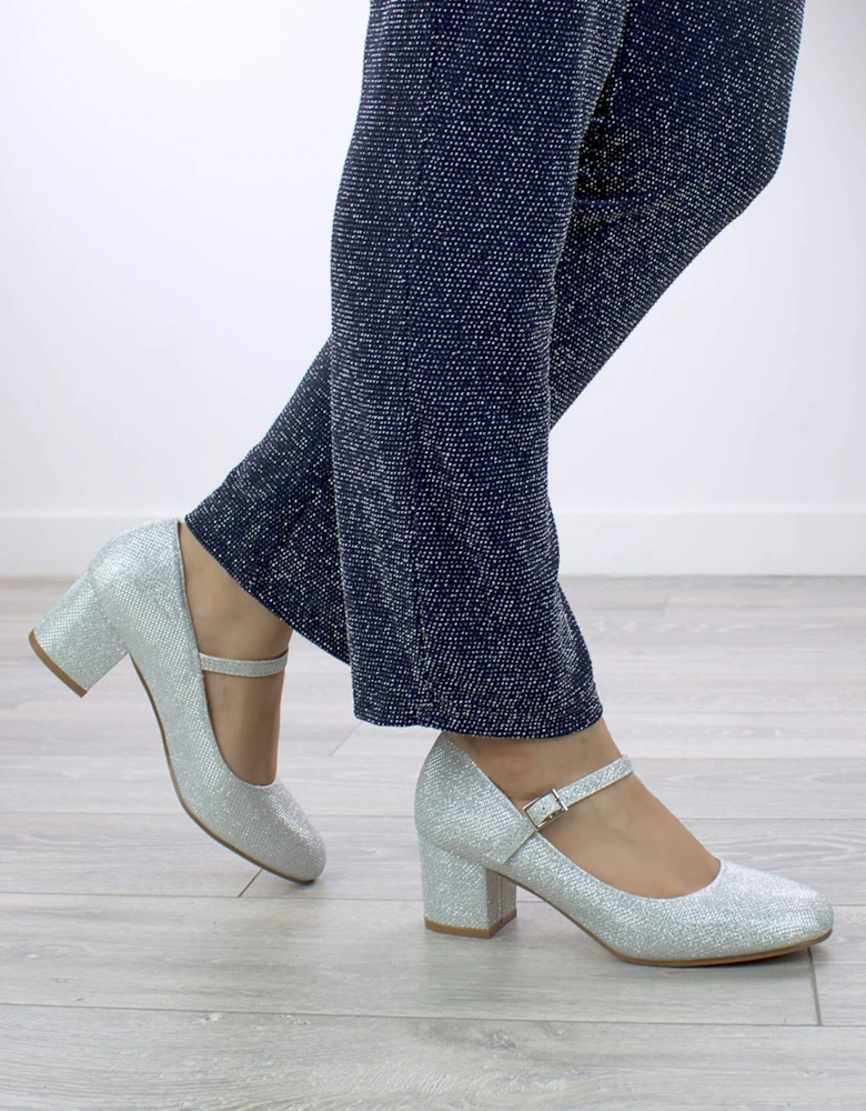 Mid Block Heel Mary Jane Comfort Glitter Mesh Court Shoes