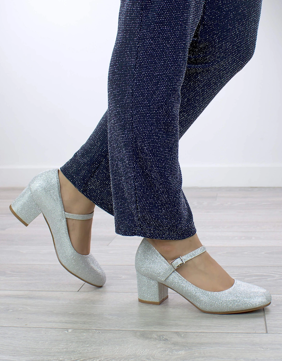 Mid Block Heel Mary Jane Comfort Glitter Mesh Court Shoes, 2 of 1