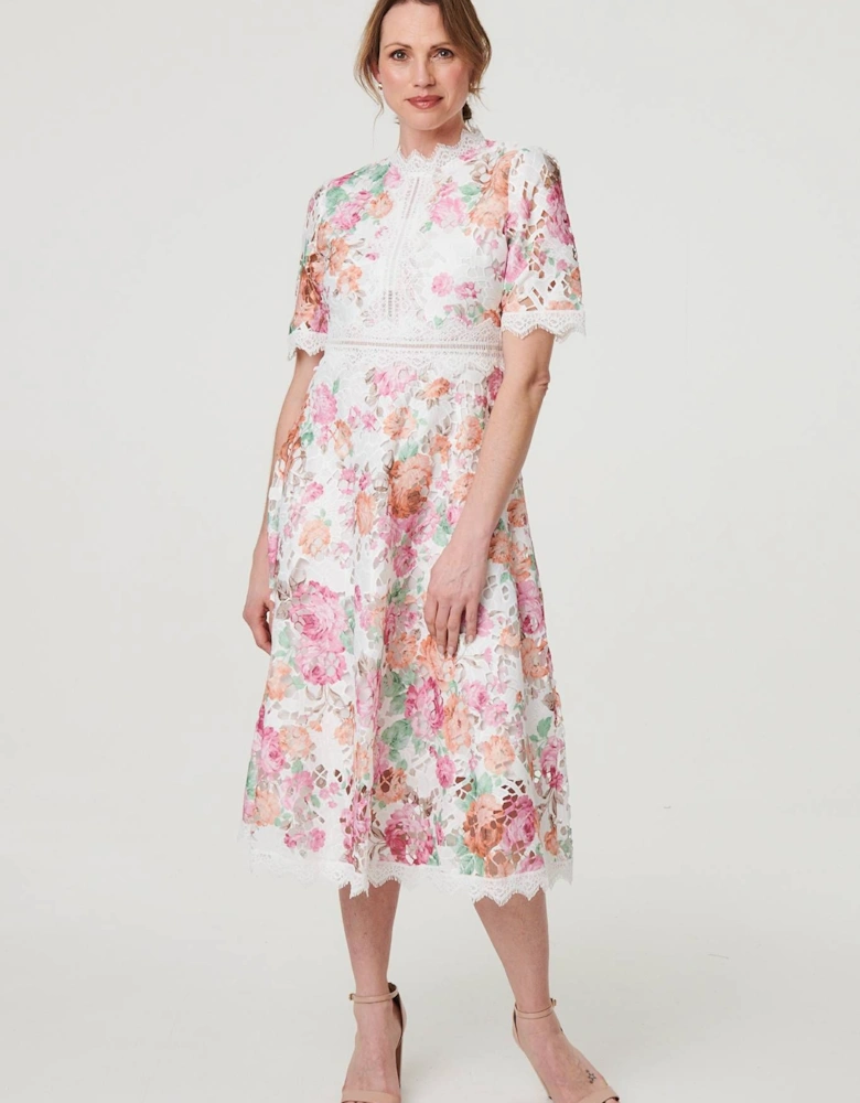 Floral Lace Trim Semi Sheer Midi Dress