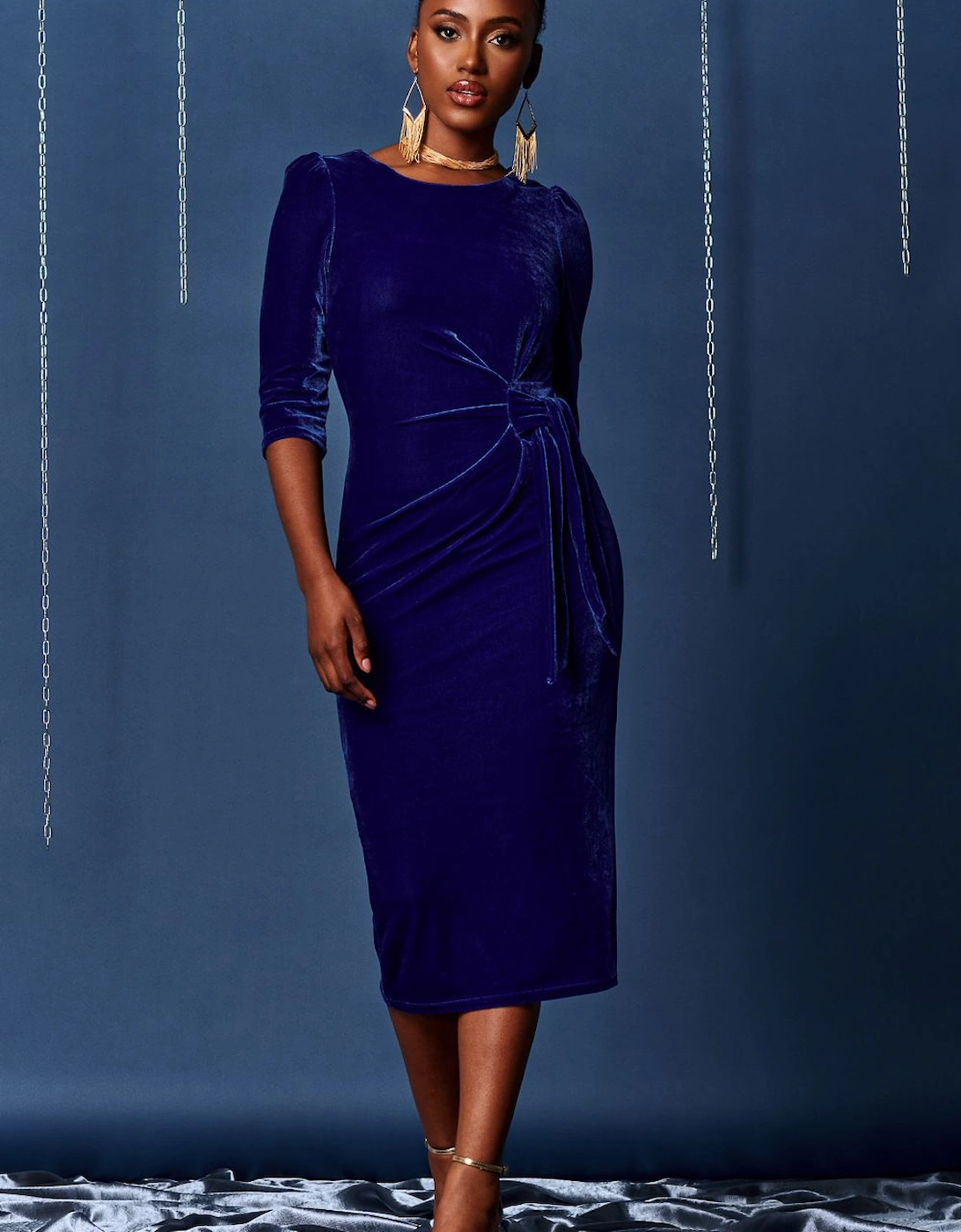 3/4 Sleeve Tie Detail Velvet Midi Dress, 2 of 1