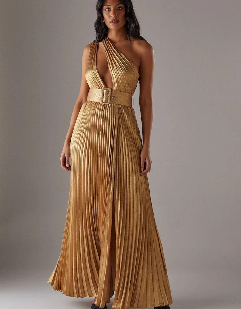 Premium One Shoulder Belted Pleated Maxi Dress