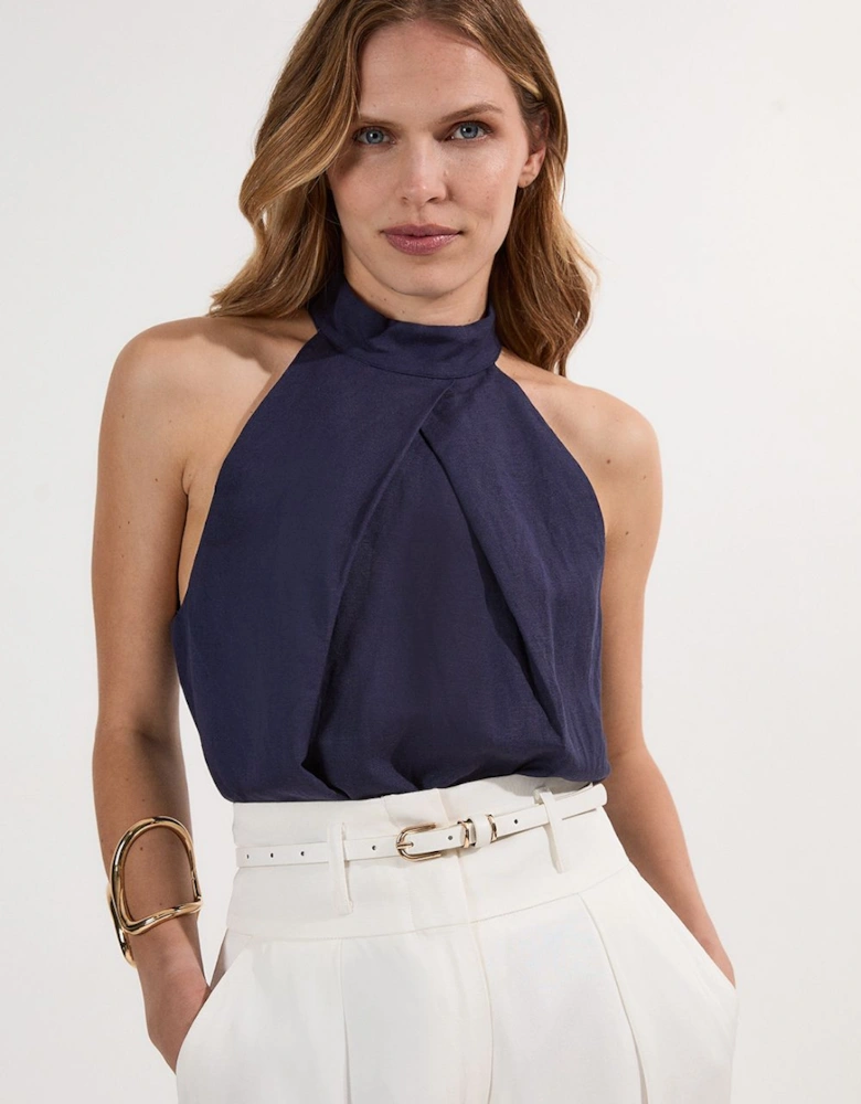 Viscose Linen Cross Front Halter Neck Woven Top